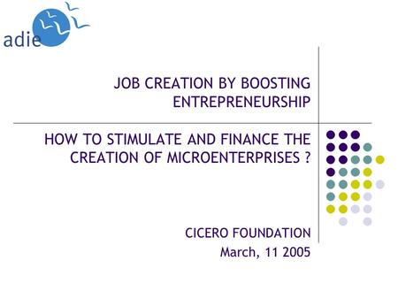 JOB CREATION BY BOOSTING ENTREPRENEURSHIP HOW TO STIMULATE AND FINANCE THE CREATION OF MICROENTERPRISES ? CICERO FOUNDATION March, 11 2005.