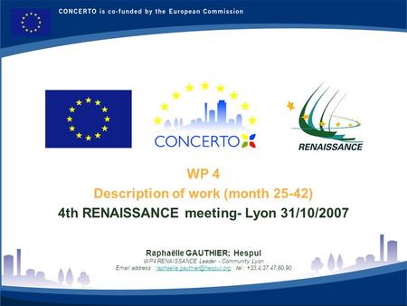 RENAISSANCE es un proyecto del programa CONCERTO co-financiado por la Comisión Europea dentro del Sexto Programa Marco 1 WP 4 Description of work (month.