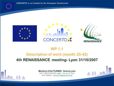 RENAISSANCE es un proyecto del programa CONCERTO co-financiado por la Comisión Europea dentro del Sexto Programa Marco 1 WP 1.1 Description of work (month.
