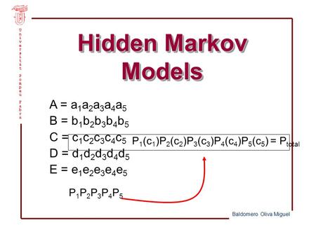 Hidden Markov Models Baldomero Oliva Miguel UniversitatPompeuFabra A = a 1 a 2 a 3 a 4 a 5 B = b 1 b 2 b 3 b 4 b 5 C = c 1 c 2 c 3 c 4 c 5 D = d 1 d 2.