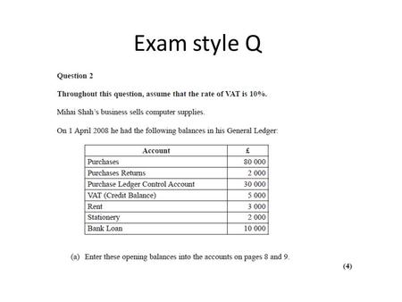 Exam style Q. Apr 1 Balance b/f 80 000 Apr 1 Balance b/f 2000 Apr 1 Balance b/f 30 000 This is a credit because the goods to the value of 2000 have left.