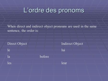 Lordre des pronoms When direct and indirect object pronouns are used in the same sentence, the order is: Direct ObjectIndirect Object lelui la before lesleur.