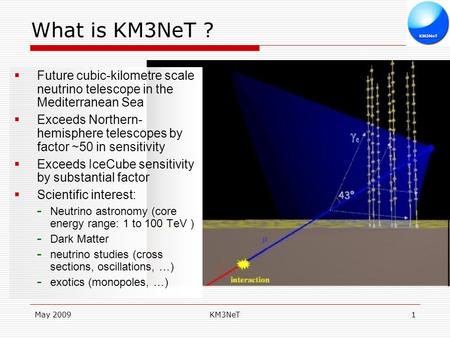 May 2009KM3NeT1 What is KM3NeT ? Future cubic-kilometre scale neutrino telescope in the Mediterranean Sea Exceeds Northern- hemisphere telescopes by factor.