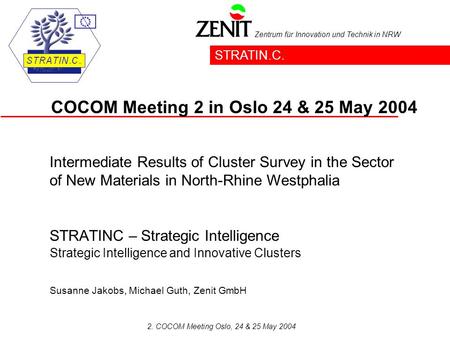 Zentrum für Innovation und Technik in NRW 2. COCOM Meeting Oslo, 24 & 25 May 2004 STRATINC – Strategic Intelligence Strategic Intelligence and Innovative.