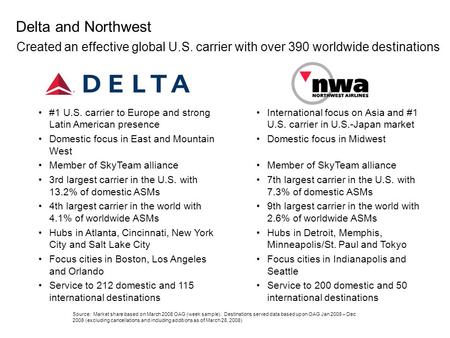 Delta and Northwest Created an effective global U.S. carrier with over 390 worldwide destinations #1 U.S. carrier to Europe and strong Latin American presence.