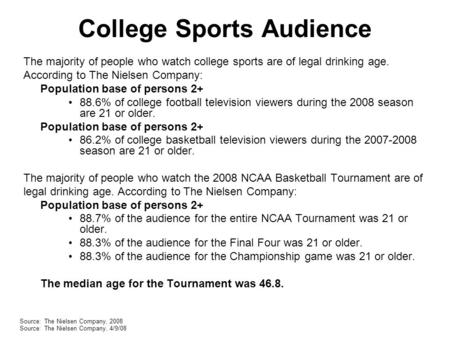 College Sports Audience The majority of people who watch college sports are of legal drinking age. According to The Nielsen Company: Population base of.