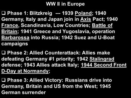 WW II in Europe Phase 1: Blitzkreig --- 1939 Poland; 1940 Germany, Italy and Japan join in Axis Pact; 1940 France, Scandinavia, Low Countries; Battle.
