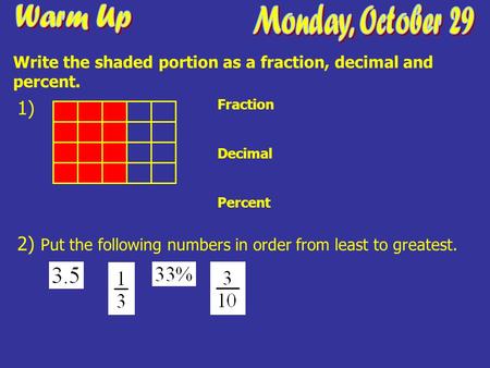 1) Fraction Decimal Percent 2) Put the following numbers in order from least to greatest. Write the shaded portion as a fraction, decimal and percent.