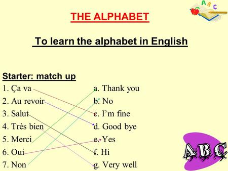 THE ALPHABET To learn the alphabet in English