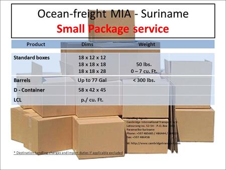 Ocean-freight MIA - Suriname Small Package service ProductDims Weight Standard boxes 18 x 12 x 12 18 x 18 x 18 18 x 18 x 28 50 lbs. 0 – 7 cu. Ft.BarrelsUp.