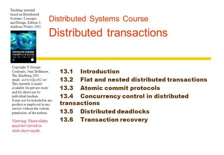 Distributed Systems Course Distributed transactions