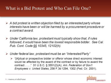 Pillsbury Winthrop Shaw Pittman LLP The Basics of Bid Protests on Federal and California State Procurements Christopher R. Rodriguez.