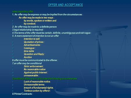 OFFER AND ACCEPTANCE rules regarding offer