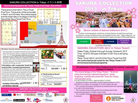 Event outline of Sakura Collection 2013 SAKURA COLLECTION 2013 in Tokyo Tower Dates: Friday, October 4 through Sunday, October 6, 2013 Time: 10:00-21:00.