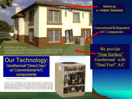 Conventional Refrigerated A/C Components Match up w/ Indoor Sections We provide Near Surface Geothermal with Dual Fuel A/C Our Technology: Geothermal Direct.