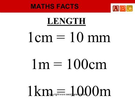 Copyright www.seomraranga.com MATHS FACTS LENGTH 1cm = 10 mm 1m = 100cm 1km = 1000m Copyright www.seomraranga.com.
