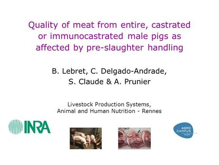 Quality of meat from entire, castrated or immunocastrated male pigs as affected by pre-slaughter handling B. Lebret, C. Delgado-Andrade, S. Claude & A.