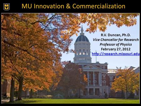 MU Innovation & Commercialization R.V. Duncan, Ph.D. Vice Chancellor for Research Professor of Physics February 27, 2012