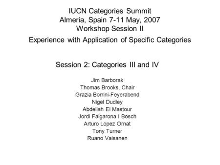 IUCN Categories Summit Almeria, Spain 7-11 May, 2007 Workshop Session II Experience with Application of Specific Categories Session 2: Categories III and.