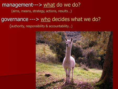 Management---> what do we do? (aims, means, strategy, actions, results…) governance ---> who decides what we do? ( authority, responsibility & accountability…)