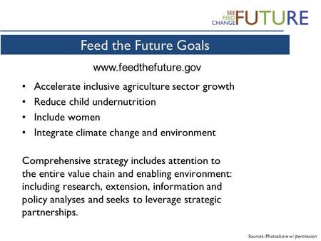 Accelerate inclusive agriculture sector growth Reduce child undernutrition Include women Integrate climate change and environment Comprehensive strategy.