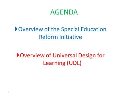Overview of the Special Education Reform Initiative Overview of Universal Design for Learning (UDL) 1 AGENDA.