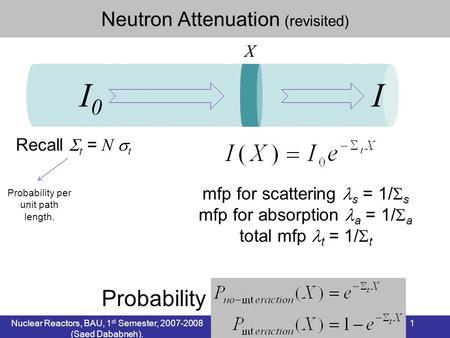 I0 I Probability Neutron Attenuation (revisited) X Recall t = N t