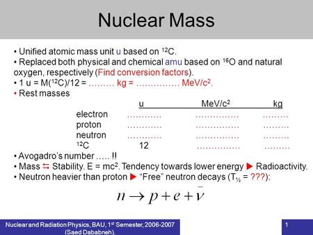 Nuclear and Radiation Physics, BAU, 1 st Semester, 2006-2007 (Saed Dababneh). 1 Nuclear Mass Unified atomic mass unit u based on 12 C. Replaced both physical.