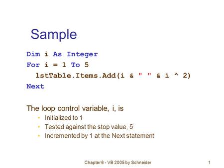 Chapter 6 - VB 2005 by Schneider1 Sample Dim i As Integer For i = 1 To 5 lstTable.Items.Add(i &   & i ^ 2) Next The loop control variable, i, is Initialized.