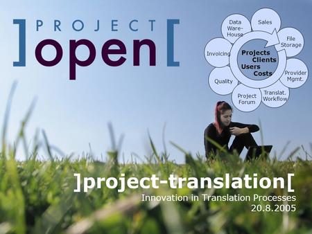 ]project-translation[ Innovation in Translation Processes 20.8.2005 Translat. Workflow Projects Users Clients Costs Data Ware- House File Storage Project.