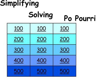 Game page Simplifying Solving Po Pourri 100 200 300 400 500.