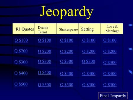 Jeopardy RJ Quotes Setting Q $100 Q $100 Q $100 Q $100 Q $100 Q $200