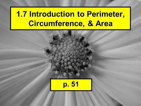 1.7 Introduction to Perimeter, Circumference, & Area p. 51.