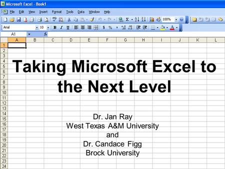 Taking Microsoft Excel to the Next Level Dr. Jan Ray West Texas A&M University and Dr. Candace Figg Brock University.