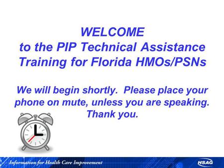 WELCOME to the PIP Technical Assistance Training for Florida HMOs/PSNs We will begin shortly. Please place your phone on mute, unless you are speaking.
