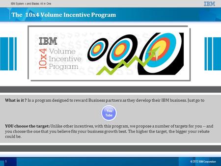 IBM System x and Blades All in One 1 © 2012 IBM Corporation The 10x4 Volume Incentive Program What is it ? Is a program designed to reward Business partners.