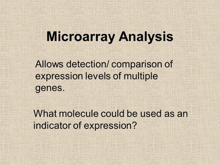 Microarray Analysis Allows detection/ comparison of expression levels of multiple genes. What molecule could be used as an indicator of expression?