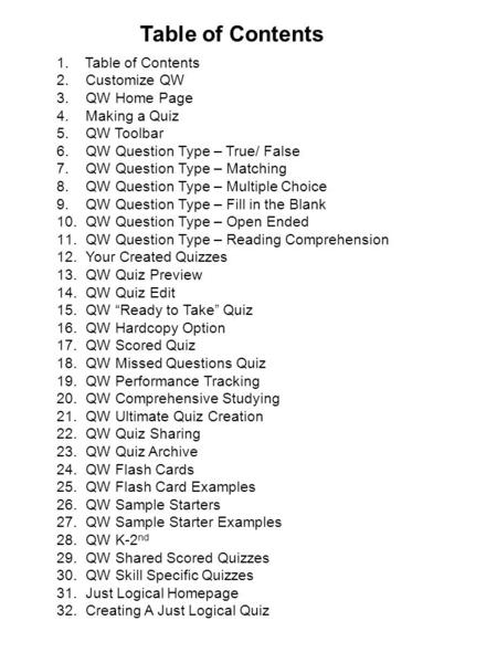 Table of Contents 1. Table of Contents Customize QW QW Home Page