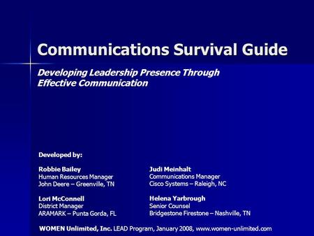 Communications Survival Guide Developing Leadership Presence Through Effective Communication Developed by: Robbie Bailey Human Resources Manager John Deere.