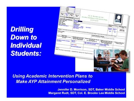 Drilling Down to Individual Students: Using Academic Intervention Plans to Make AYP Attainment Personalized Jennifer D. Morrison, SDT, Baker Middle School.
