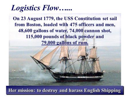 Logistics Flow…... On 23 August 1779, the USS Constitution set sail from Boston, loaded with 475 officers and men, 48,600 gallons of water, 74,000 cannon.