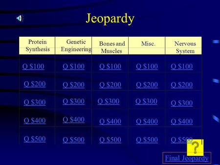 Jeopardy Genetic Engineering Bones and Muscles Misc.Nervous System Q $100 Q $200 Q $300 Q $400 Q $500 Q $100 Q $200 Q $300 Q $400 Q $500 Final Jeopardy.