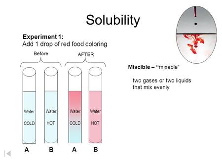 Solubility Experiment 1: Add 1 drop of red food coloring A B A B