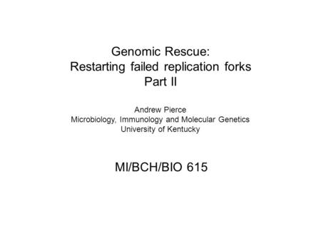 Genomic Rescue: Restarting failed replication forks Part II MI/BCH/BIO 615 Andrew Pierce Microbiology, Immunology and Molecular Genetics University of.