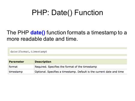PHP: Date() Function The PHP date() function formats a timestamp to a more readable date and time.