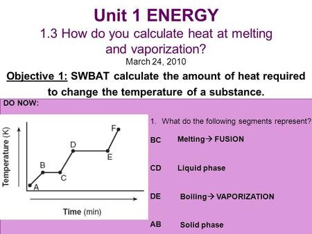 Unit 1 ENERGY 1.3 How do you calculate heat at melting and vaporization? March 24, 2010 Objective 1: SWBAT calculate the amount of heat required to change.