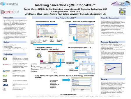 Introduction The cancerGrid metadata registry (cgMDR) has proved effective as a lightweight, desktop solution, interoperable with caDSR, targeted at the.