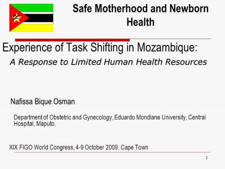 1 Experience of Task Shifting in Mozambique: A Response to Limited Human Health Resources Nafissa Bique Osman Department of Obstetric and Gynecology, Eduardo.