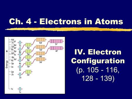 IV. Electron Configuration (p. 105 - 116, 128 - 139) Ch. 4 - Electrons in Atoms.