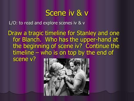 Scene iv & v Draw a tragic timeline for Stanley and one for Blanch. Who has the upper-hand at the beginning of scene iv? Continue the timeline – who is.